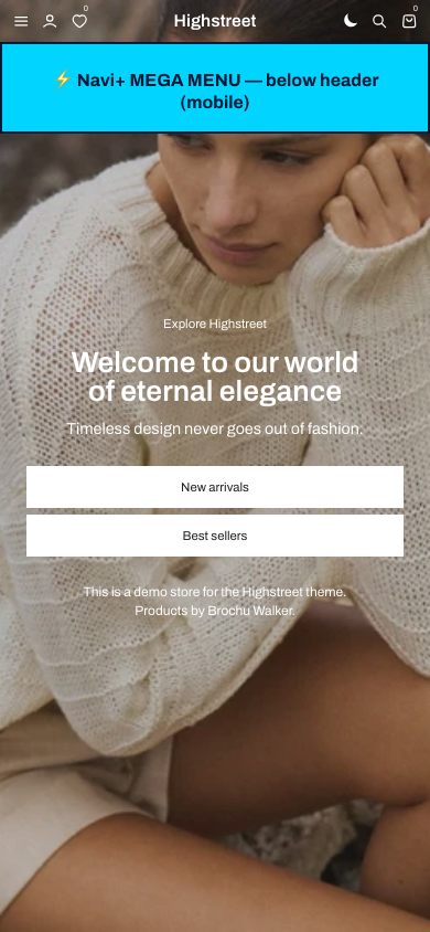 Menu inserted below header — Navi+ on the Highstreet Shopify theme Menu inserted below header — Navi+ on the Highstreet Shopify theme