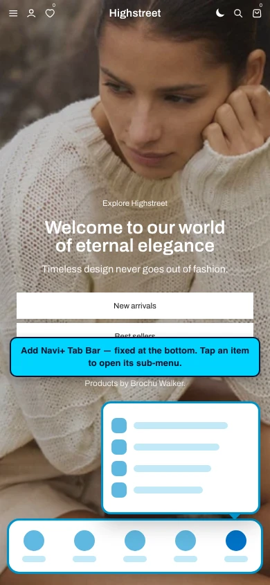 Navi+ Tab Bar on the Highstreet Shopify theme Navi+ Tab Bar on the Highstreet Shopify theme