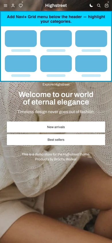 Navi+ Grid Menu on the Highstreet Shopify theme Navi+ Grid Menu on the Highstreet Shopify theme