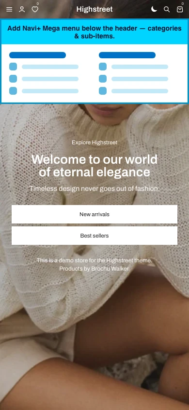 Navi+ mobile Mega Menu on the Highstreet Shopify theme Navi+ mobile Mega Menu on the Highstreet Shopify theme
