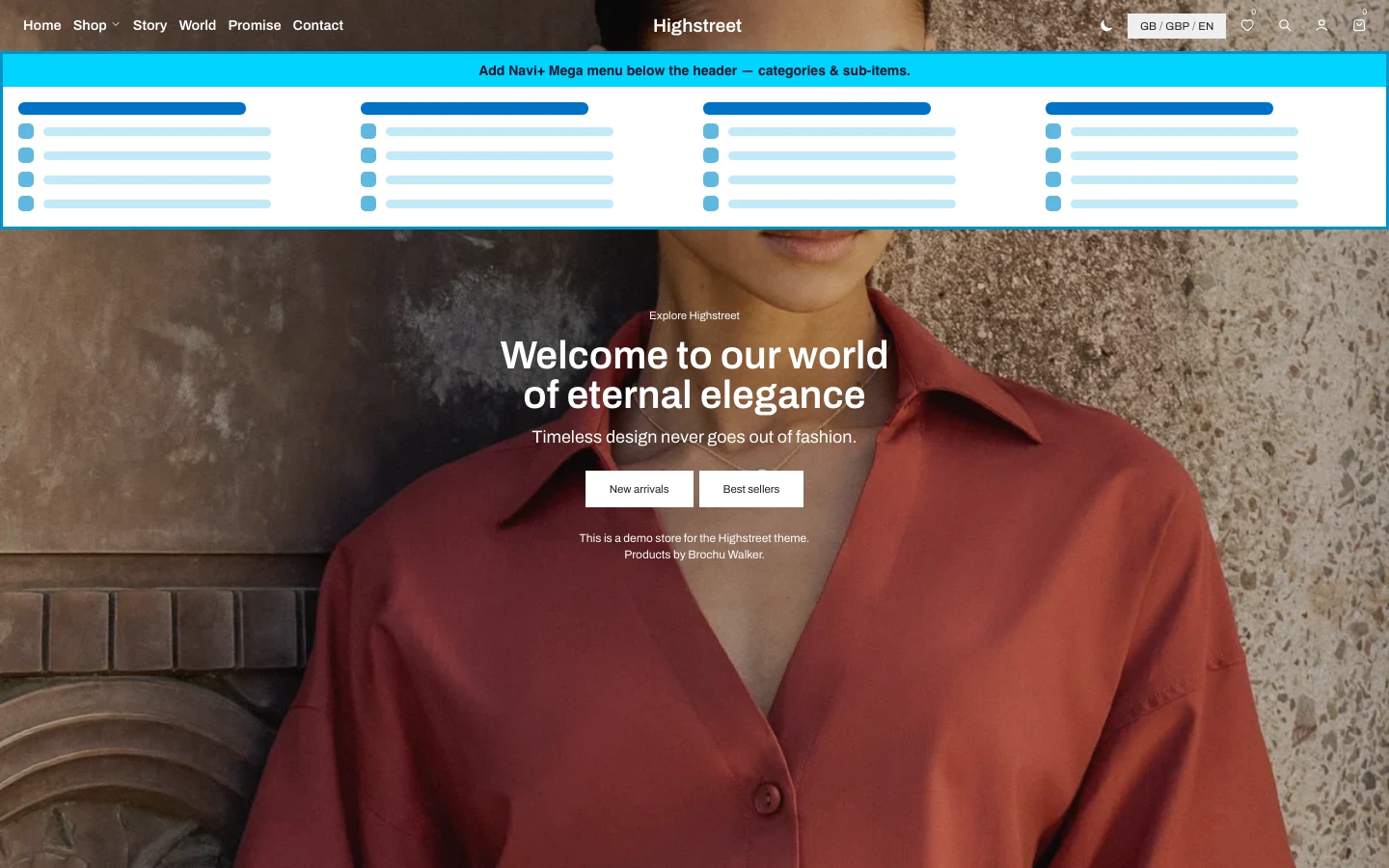 Navi+ Mega Menu inserted below the header on the Highstreet Shopify theme Navi+ Mega Menu inserted below the header on the Highstreet Shopify theme