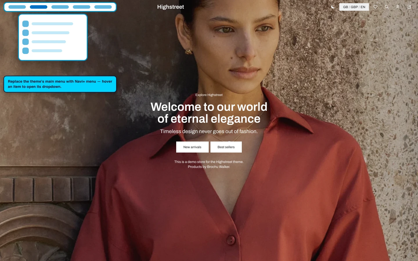 Navi+ Mega Menu replacing the desktop menu on the Highstreet Shopify theme Navi+ Mega Menu replacing the desktop menu on the Highstreet Shopify theme