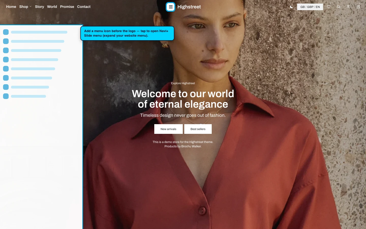Navi+ trigger icon before the logo on the Highstreet Shopify theme Navi+ trigger icon before the logo on the Highstreet Shopify theme