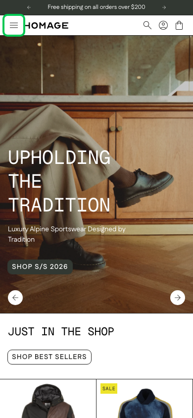 Hamburger → panel opened — Navi+ on the Homage Shopify theme Hamburger → panel opened — Navi+ on the Homage Shopify theme