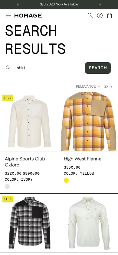 Search → panel opened — Navi+ on the Homage Shopify theme Search → panel opened — Navi+ on the Homage Shopify theme