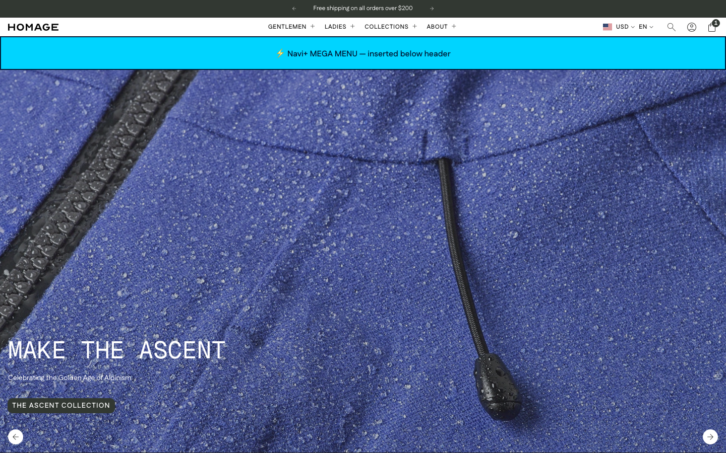 Menu inserted below header — Navi+ on the Homage Shopify theme Menu inserted below header — Navi+ on the Homage Shopify theme