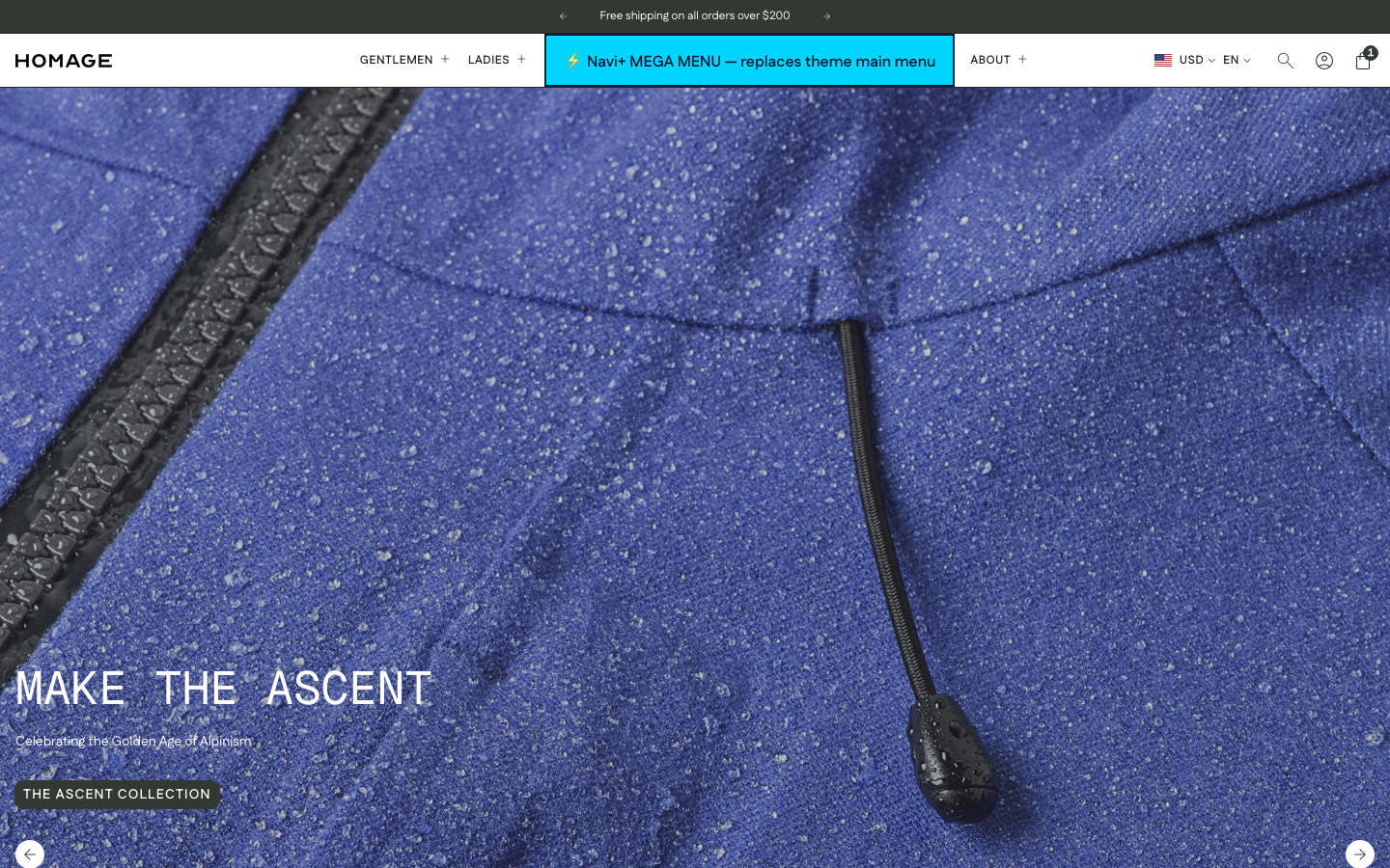 Replace main menu — Navi+ on the Homage Shopify theme Replace main menu — Navi+ on the Homage Shopify theme