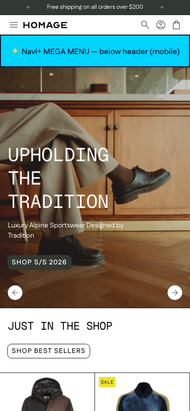 Menu inserted below header — Navi+ on the Homage Shopify theme Menu inserted below header — Navi+ on the Homage Shopify theme