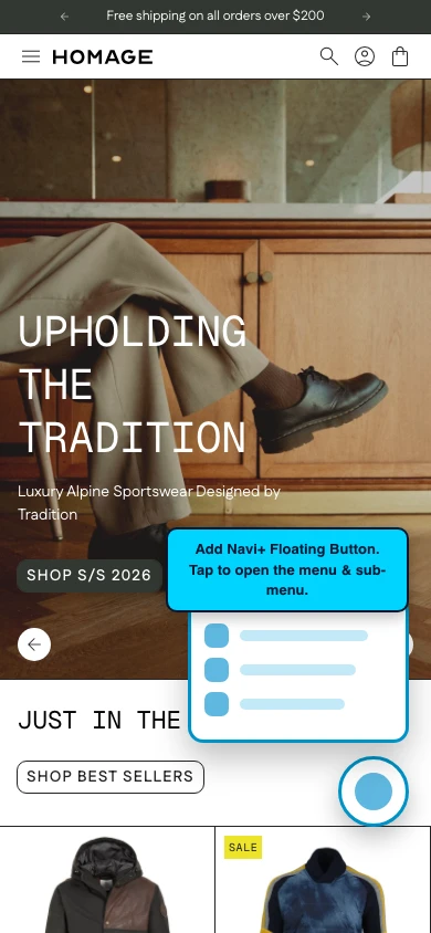 Navi+ FAB on the Homage Shopify theme Navi+ FAB on the Homage Shopify theme