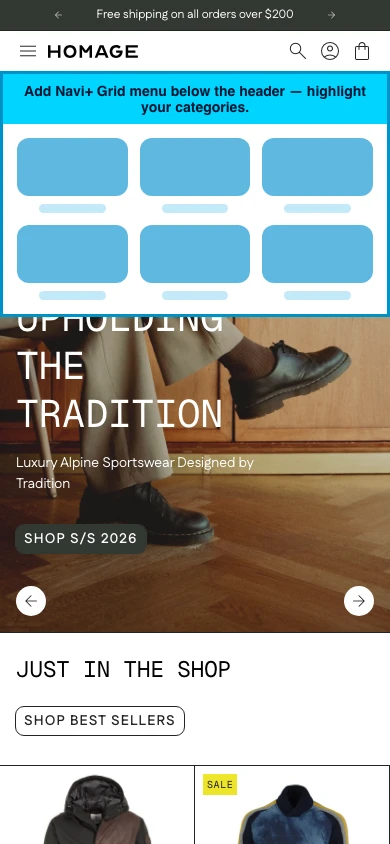 Navi+ Grid Menu on the Homage Shopify theme Navi+ Grid Menu on the Homage Shopify theme
