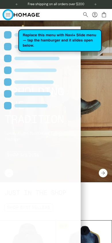 Navi+ Slide Menu on the Homage Shopify theme Navi+ Slide Menu on the Homage Shopify theme