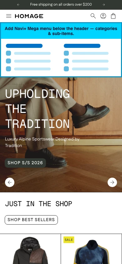 Navi+ mobile Mega Menu on the Homage Shopify theme Navi+ mobile Mega Menu on the Homage Shopify theme