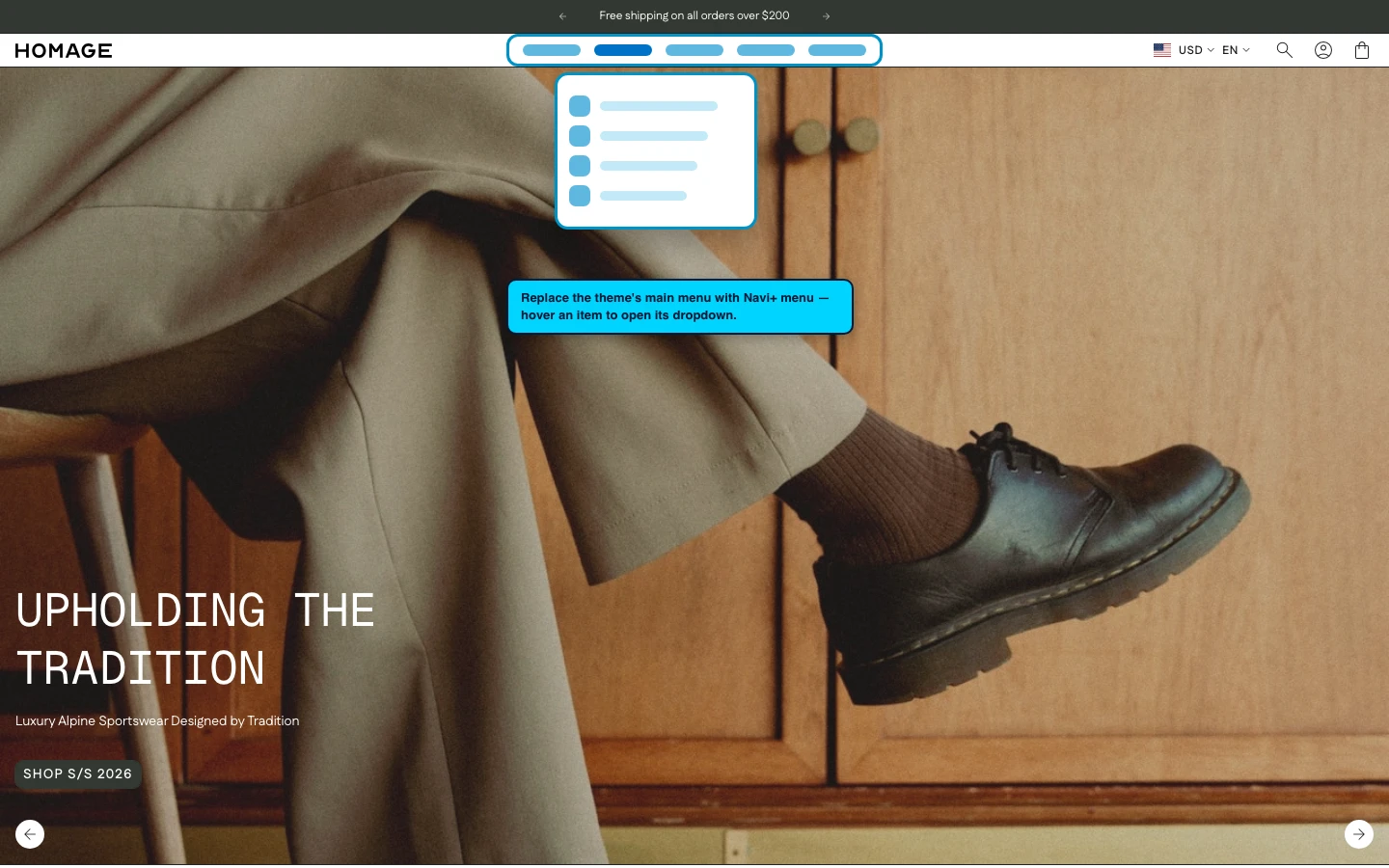Navi+ Mega Menu replacing the desktop menu on the Homage Shopify theme Navi+ Mega Menu replacing the desktop menu on the Homage Shopify theme