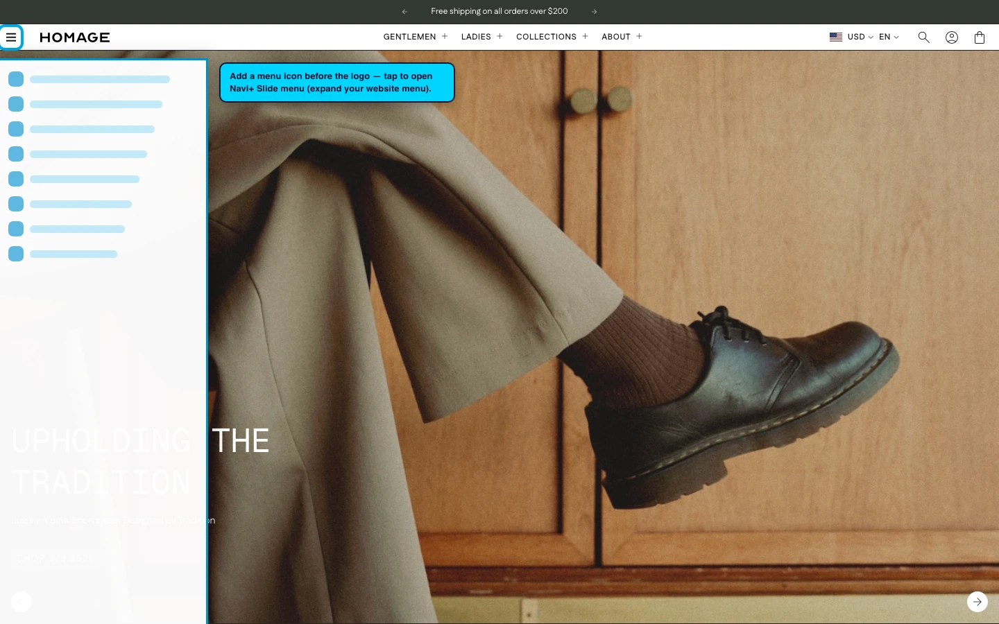 Navi+ trigger icon before the logo on the Homage Shopify theme Navi+ trigger icon before the logo on the Homage Shopify theme