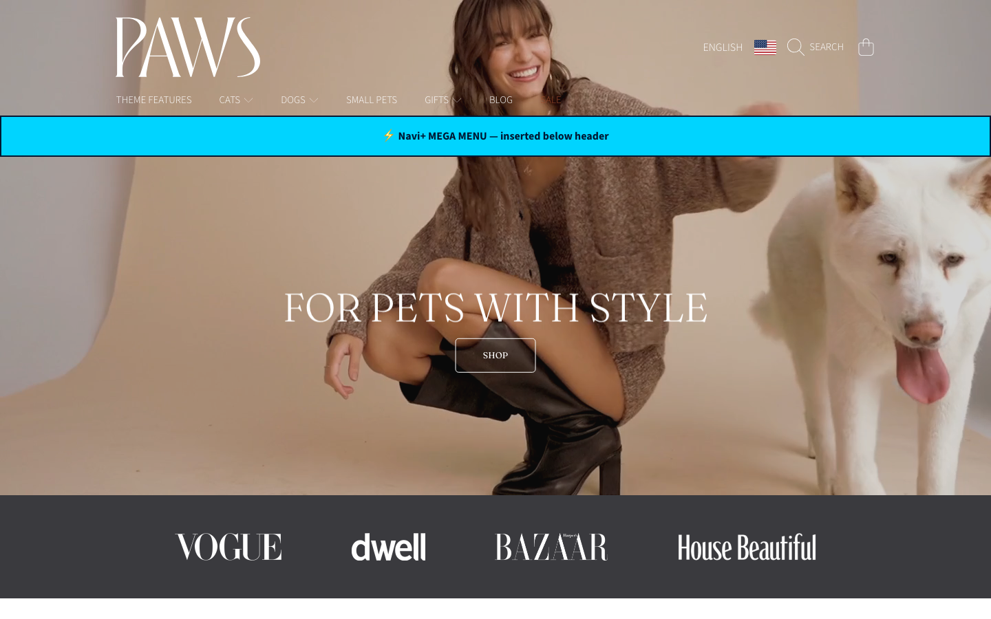 Menu inserted below header — Navi+ on the Honey Shopify theme