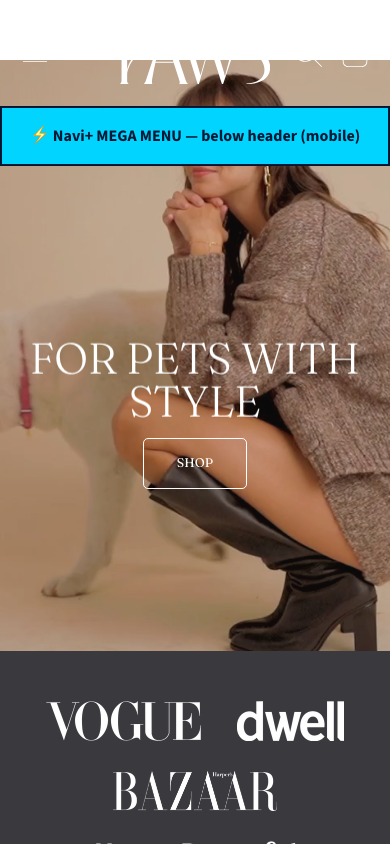 Menu inserted below header — Navi+ on the Honey Shopify theme