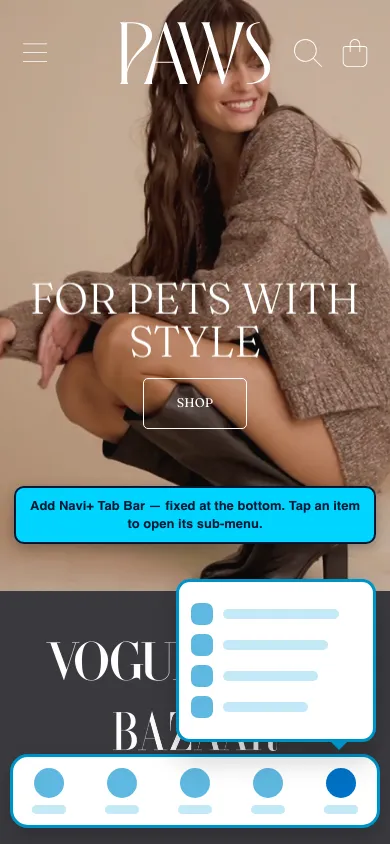 Navi+ Tab Bar on the Honey Shopify theme Navi+ Tab Bar on the Honey Shopify theme