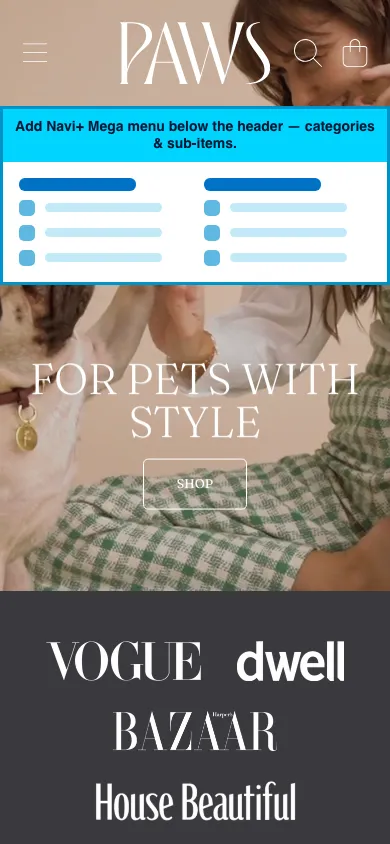 Navi+ mobile Mega Menu on the Honey Shopify theme Navi+ mobile Mega Menu on the Honey Shopify theme