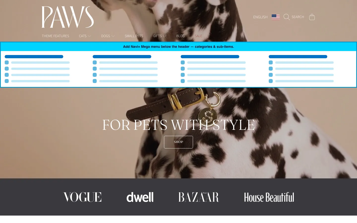 Navi+ Mega Menu inserted below the header on the Honey Shopify theme Navi+ Mega Menu inserted below the header on the Honey Shopify theme