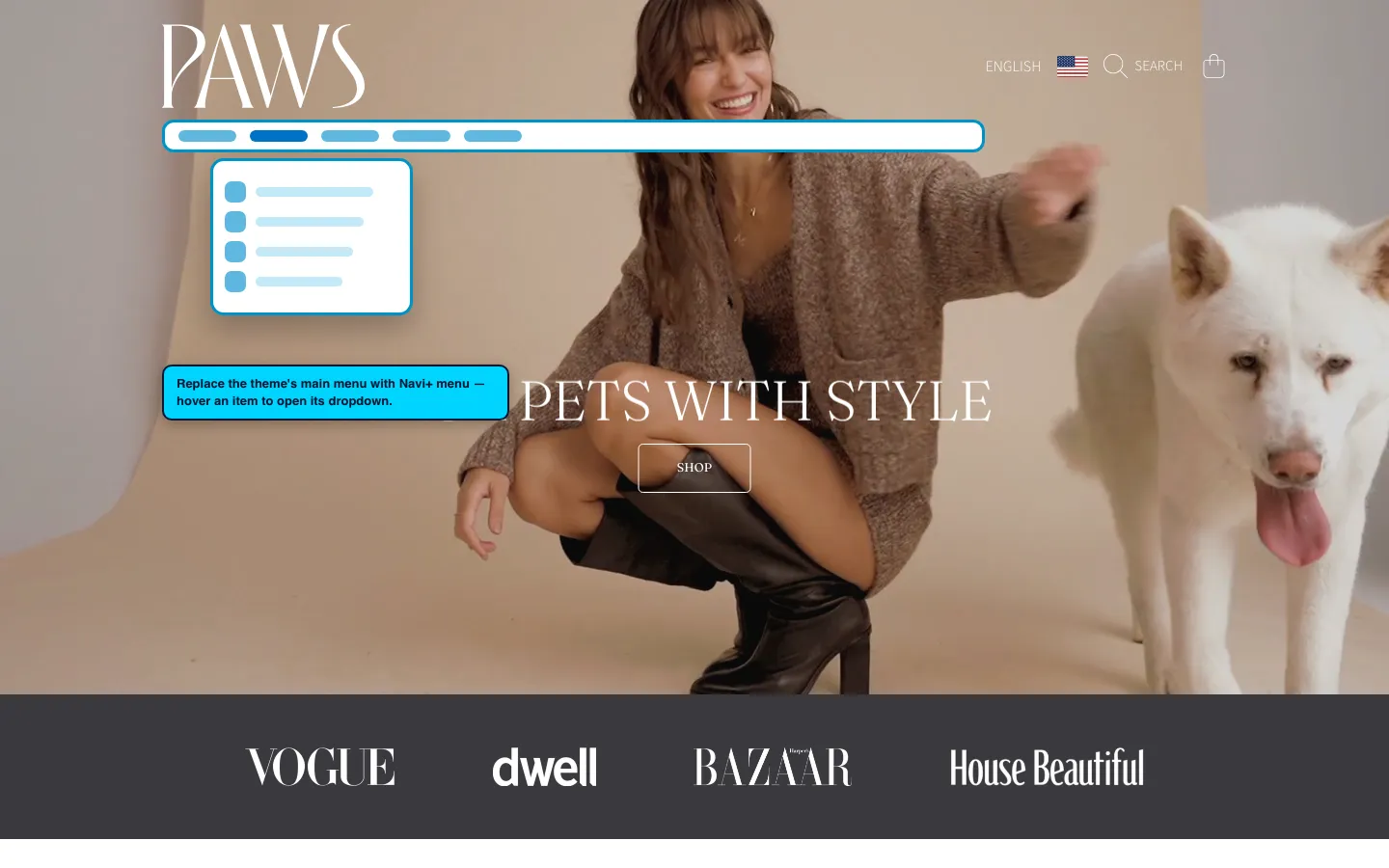 Navi+ Mega Menu replacing the desktop menu on the Honey Shopify theme