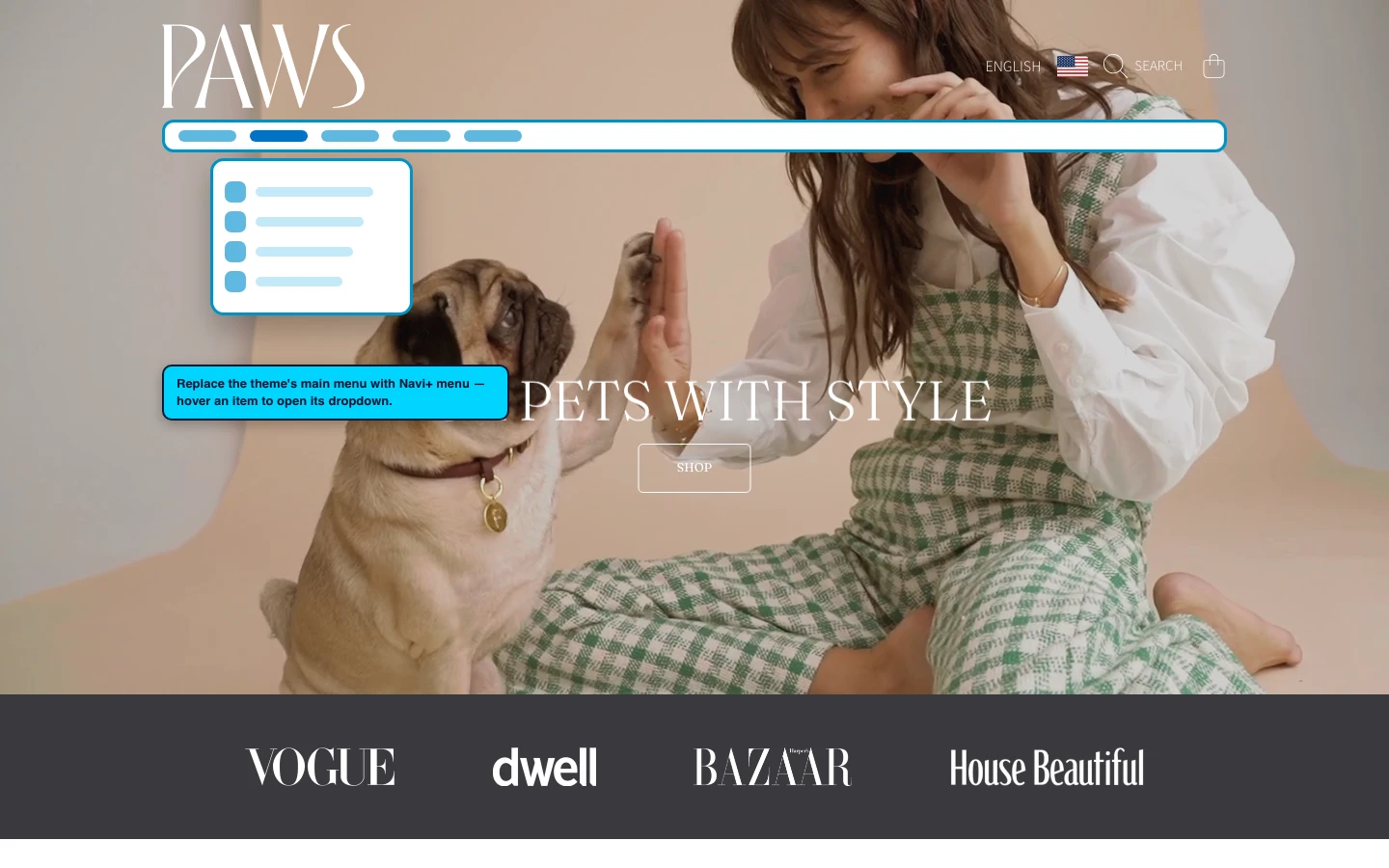 Navi+ Mega Menu replacing the desktop menu on the Honey Shopify theme Navi+ Mega Menu replacing the desktop menu on the Honey Shopify theme