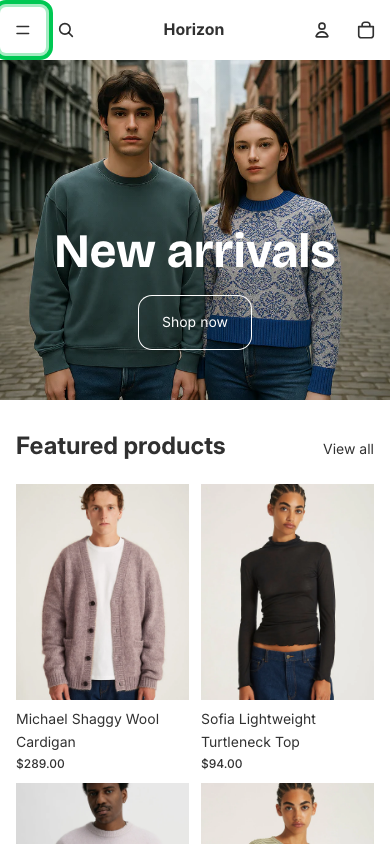 Hamburger → panel opened — Navi+ on the Horizon Shopify theme