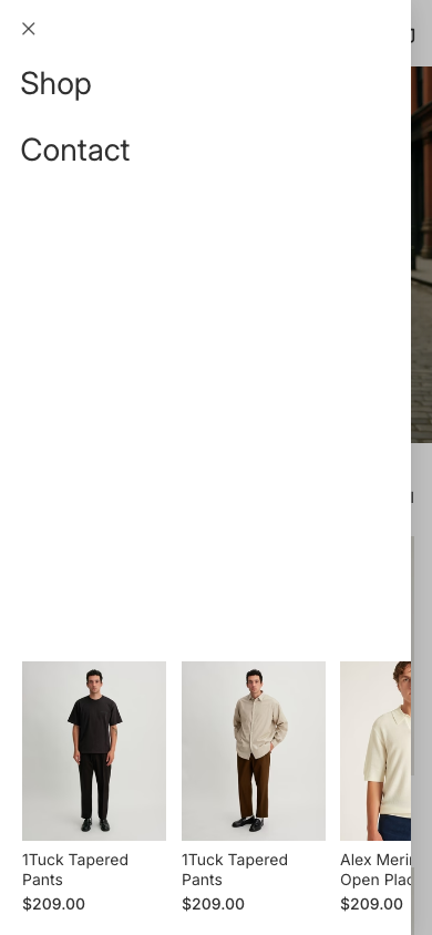 Hamburger → panel opened — Navi+ on the Horizon Shopify theme