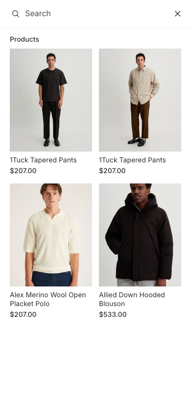 Search → panel opened — Navi+ on the Horizon Shopify theme