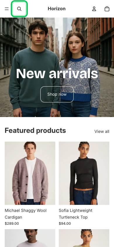 Search → panel opened — Navi+ on the Horizon Shopify theme