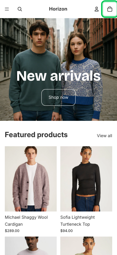 Cart → panel opened — Navi+ on the Horizon Shopify theme