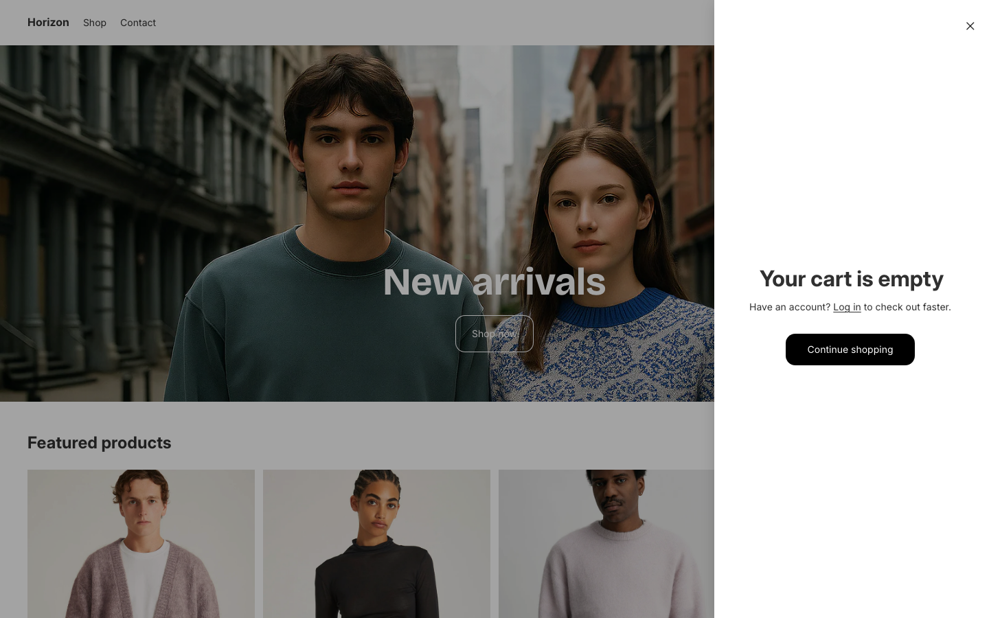 Cart → panel opened — Navi+ on the Horizon Shopify theme