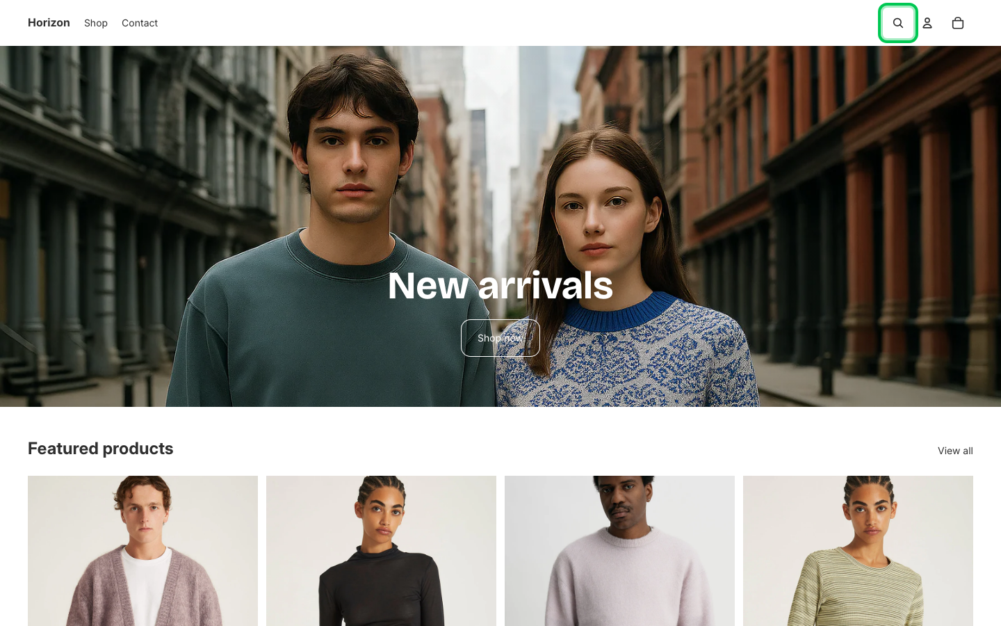 Search → panel opened — Navi+ on the Horizon Shopify theme
