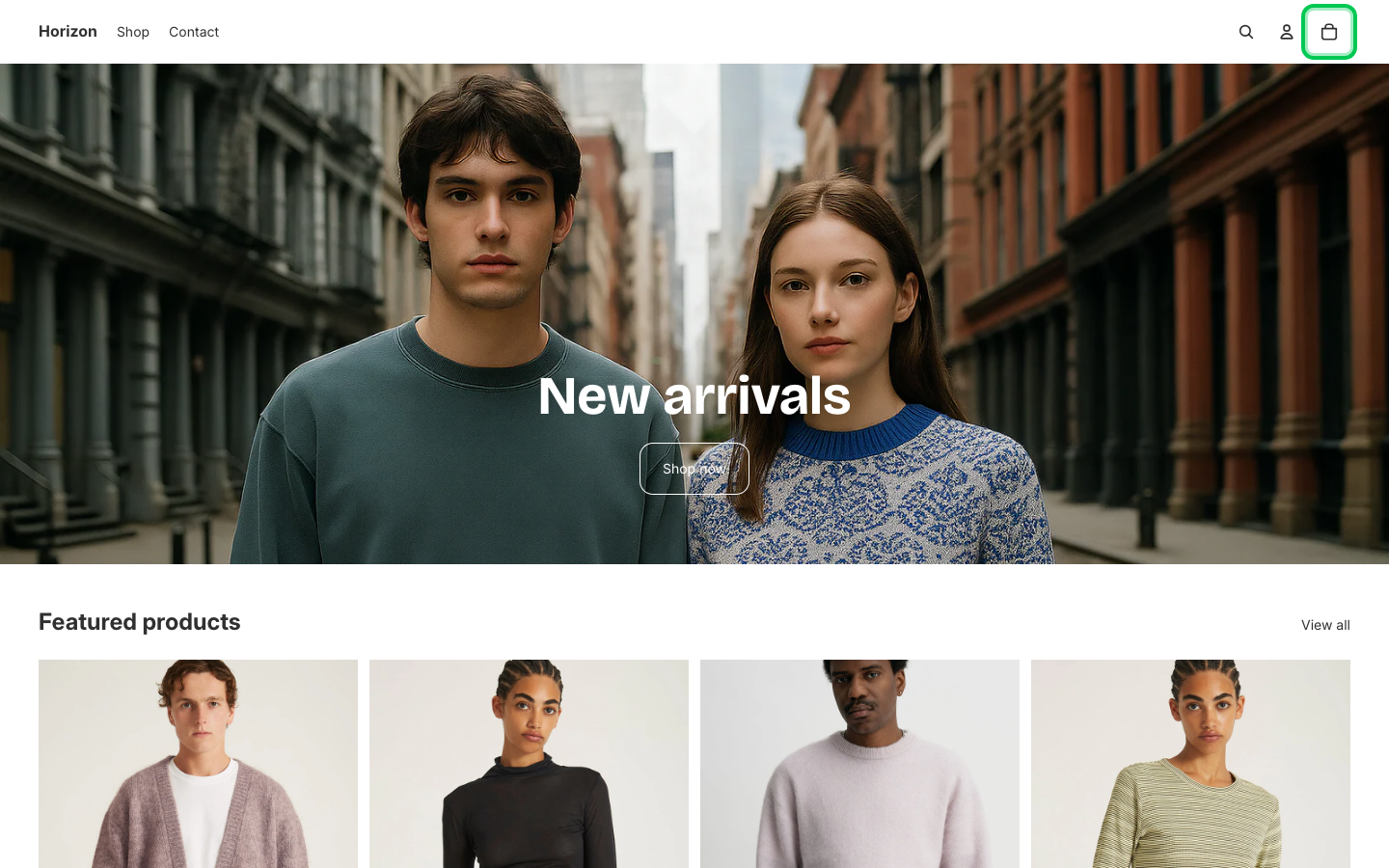 Cart → panel opened — Navi+ on the Horizon Shopify theme