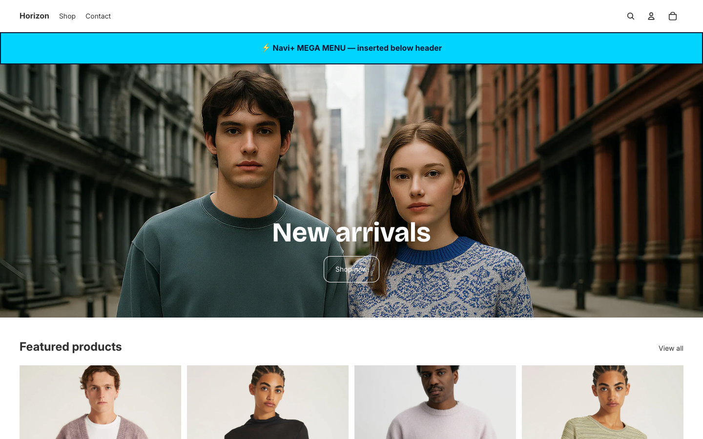Menu inserted below header — Navi+ on the Horizon Shopify theme