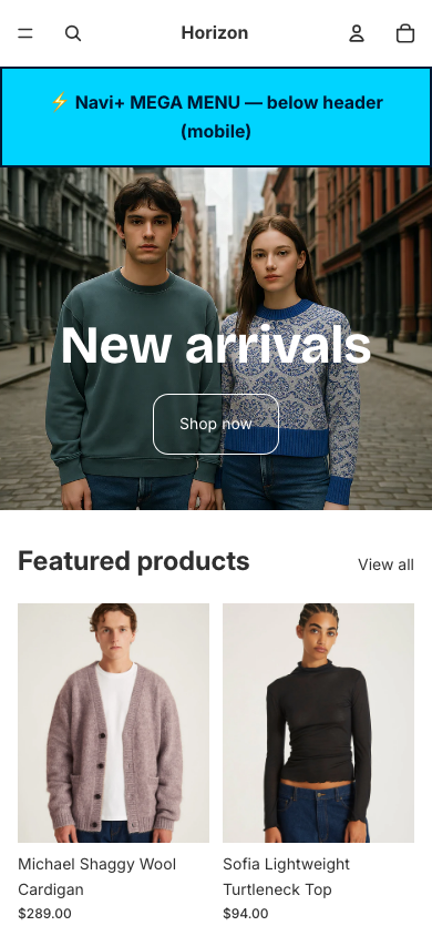 Menu inserted below header — Navi+ on the Horizon Shopify theme