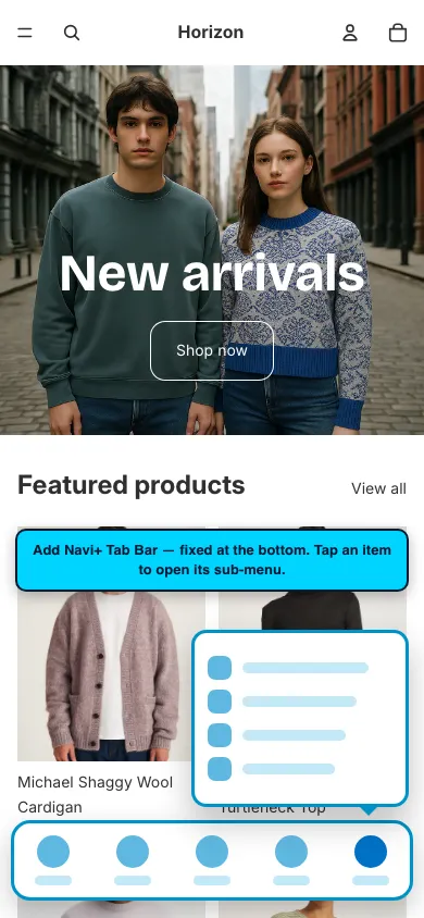 Navi+ Tab Bar on the Horizon Shopify theme Navi+ Tab Bar on the Horizon Shopify theme