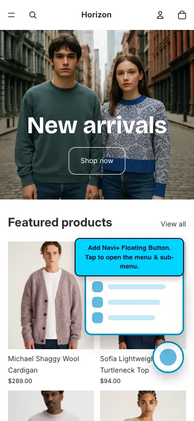 Navi+ FAB on the Horizon Shopify theme Navi+ FAB on the Horizon Shopify theme