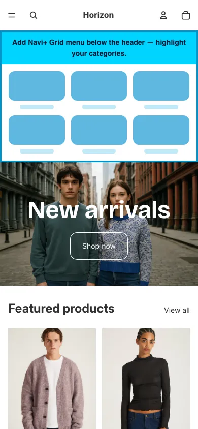 Navi+ Grid Menu on the Horizon Shopify theme Navi+ Grid Menu on the Horizon Shopify theme