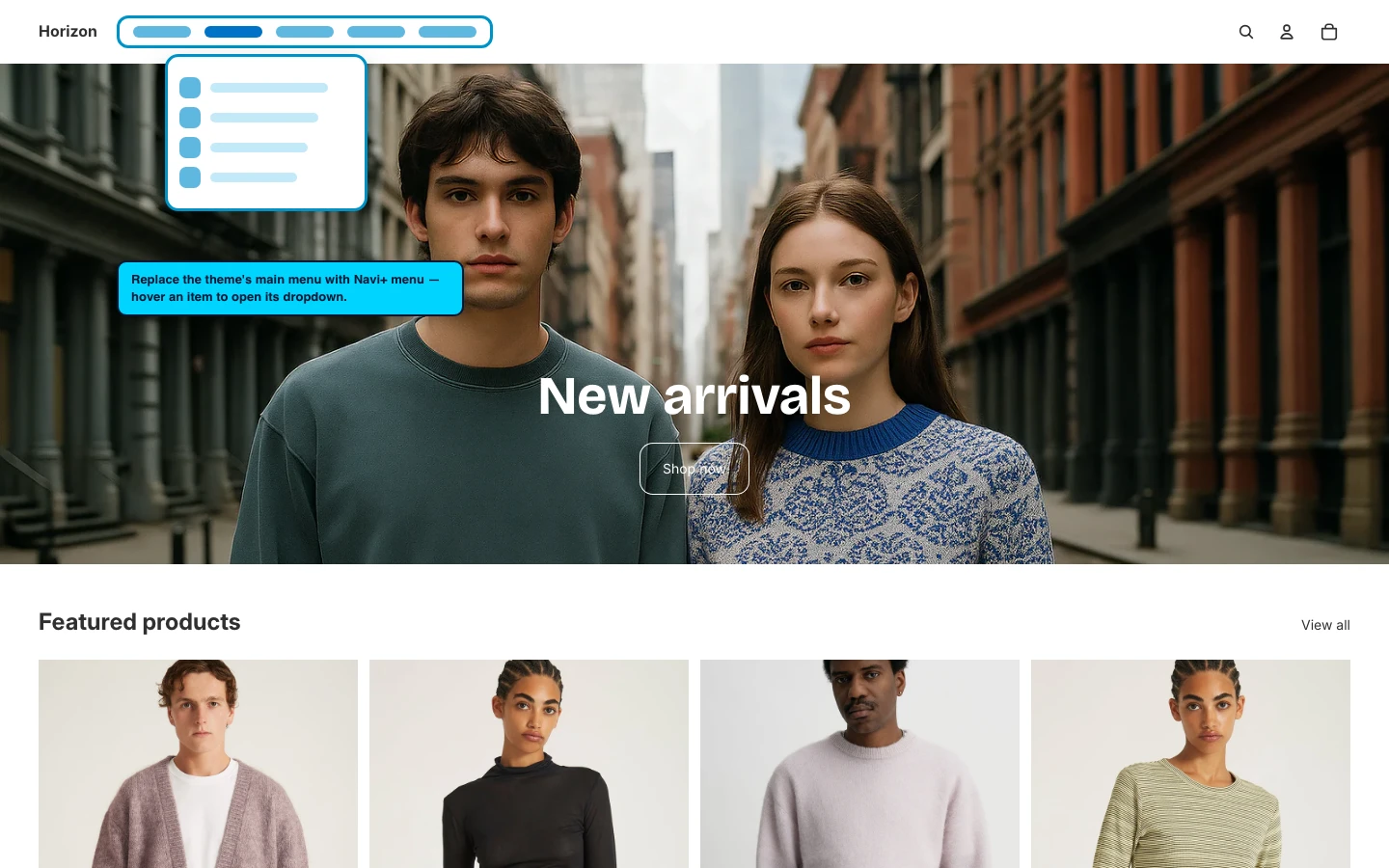 Navi+ Mega Menu replacing the desktop menu on the Horizon Shopify theme