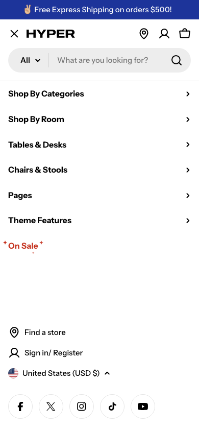 Hamburger → panel opened — Navi+ on the Hyper Shopify theme
