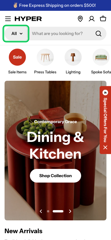 Search → panel opened — Navi+ on the Hyper Shopify theme
