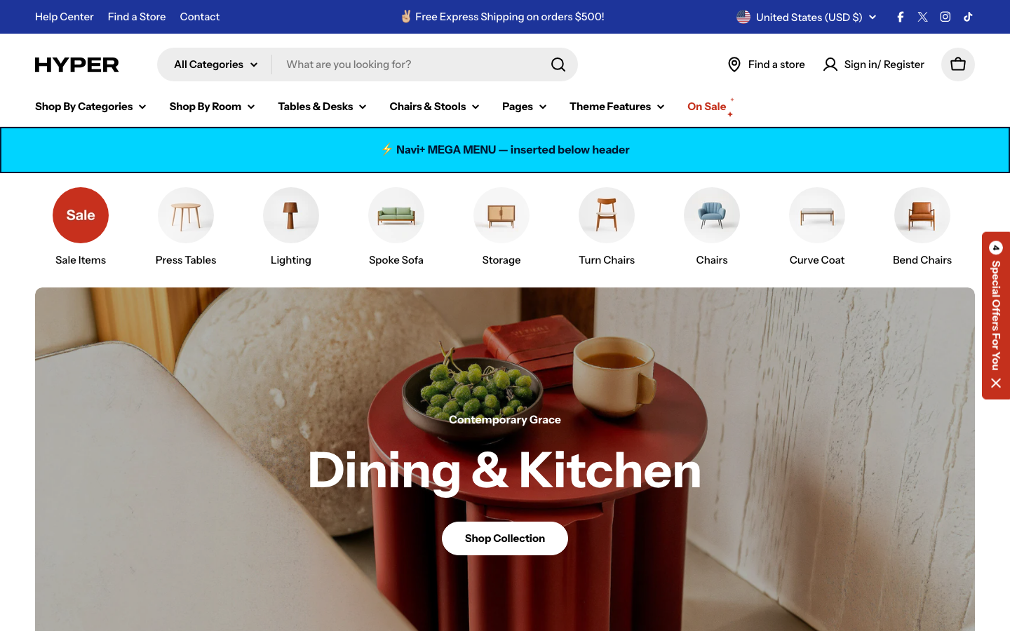 Menu inserted below header — Navi+ on the Hyper Shopify theme
