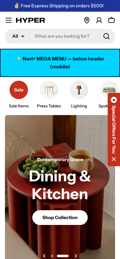 Menu inserted below header — Navi+ on the Hyper Shopify theme