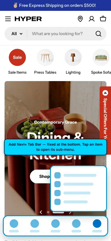 Navi+ Tab Bar on the Hyper Shopify theme Navi+ Tab Bar on the Hyper Shopify theme
