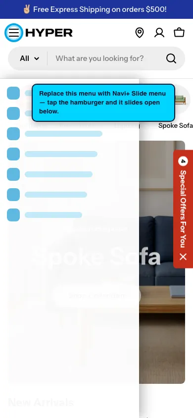 Navi+ Slide Menu on the Hyper Shopify theme Navi+ Slide Menu on the Hyper Shopify theme