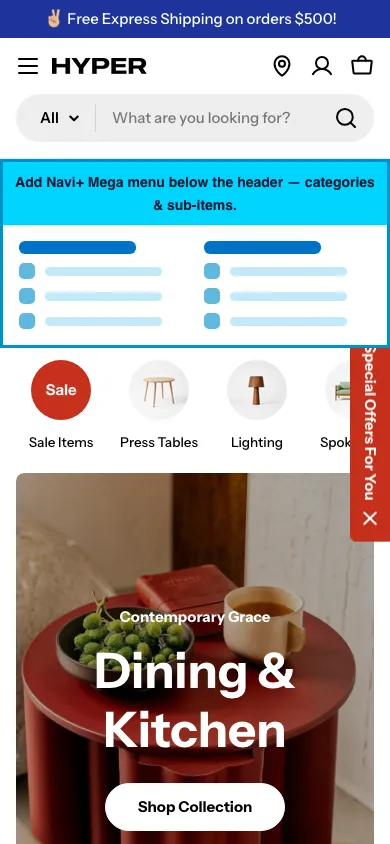 Navi+ mobile Mega Menu on the Hyper Shopify theme Navi+ mobile Mega Menu on the Hyper Shopify theme