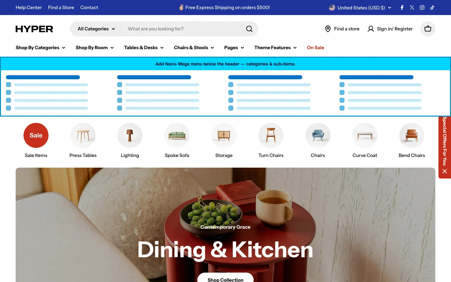 Navi+ Mega Menu inserted below the header on the Hyper Shopify theme Navi+ Mega Menu inserted below the header on the Hyper Shopify theme