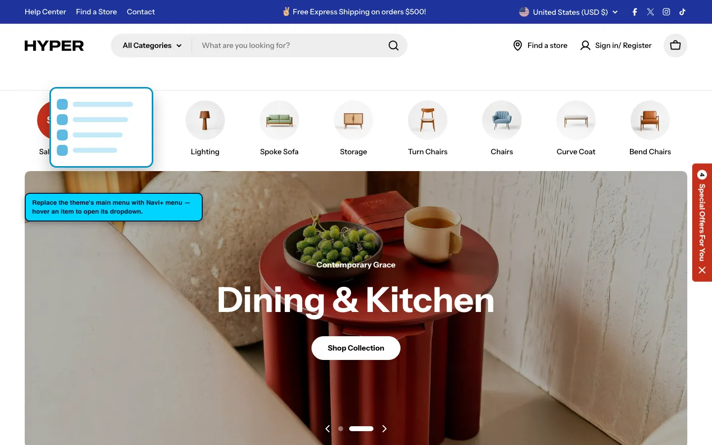 Navi+ Mega Menu replacing the desktop menu on the Hyper Shopify theme Navi+ Mega Menu replacing the desktop menu on the Hyper Shopify theme