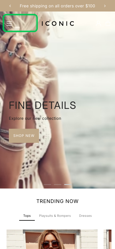 Hamburger → panel opened — Navi+ on the Icon Shopify theme