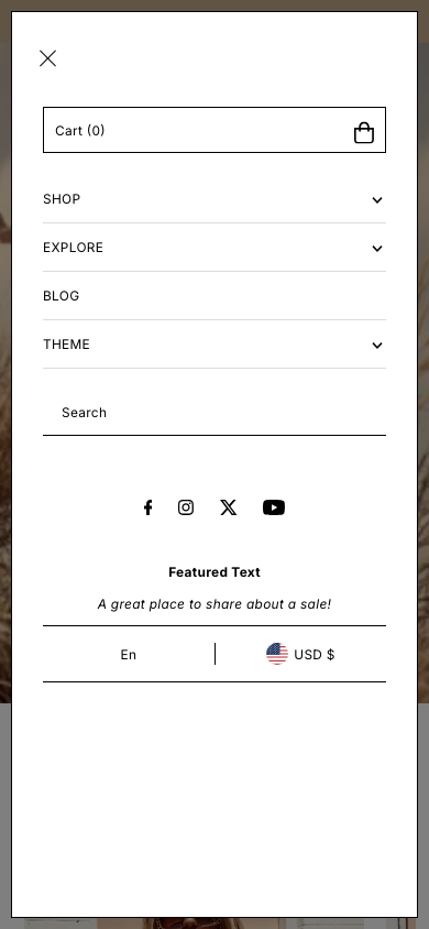 Hamburger → panel opened — Navi+ on the Icon Shopify theme